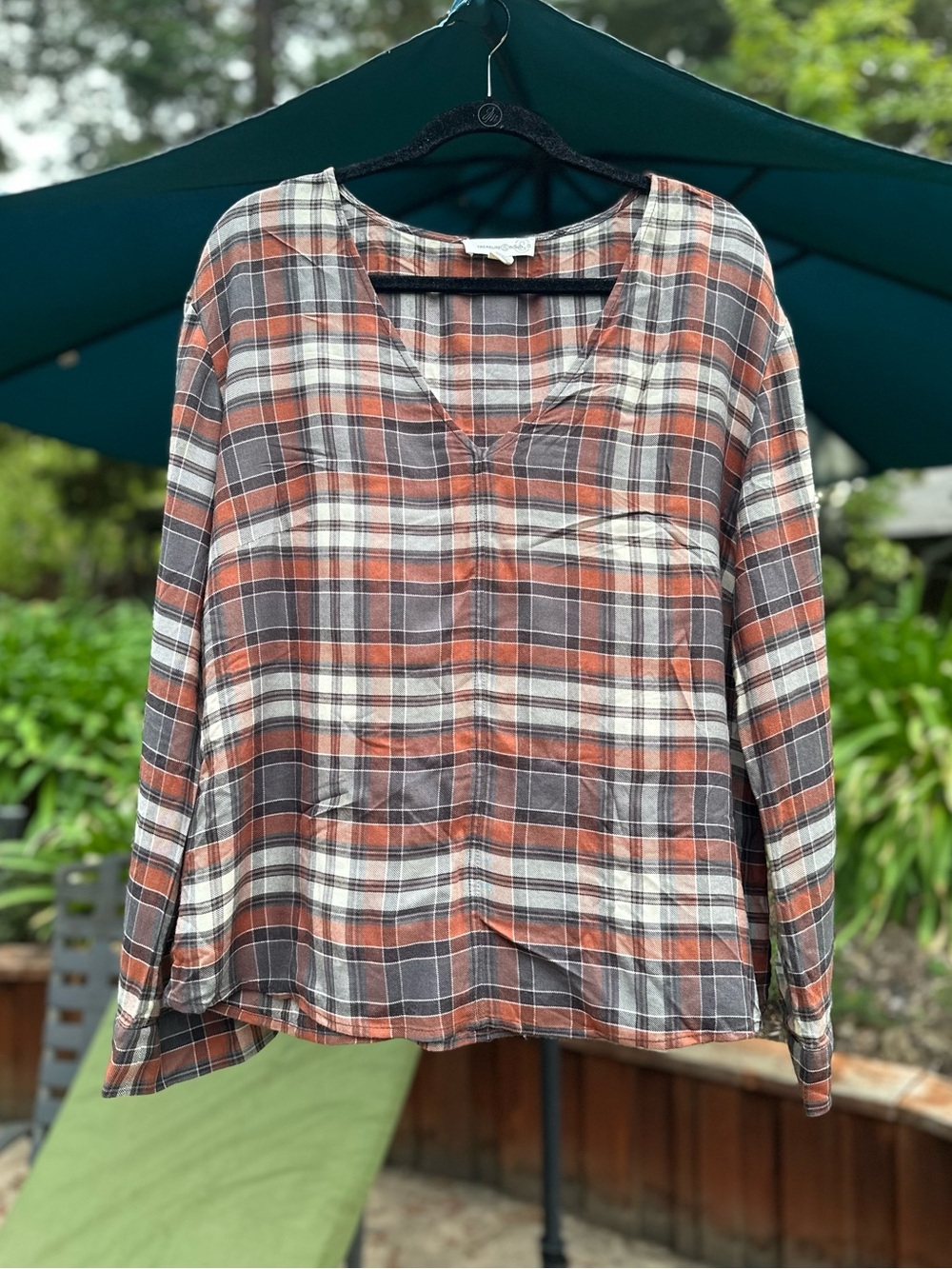 Treasure and Bond Plaid V-Neck Long Sleeve Top - Rust & Gray
